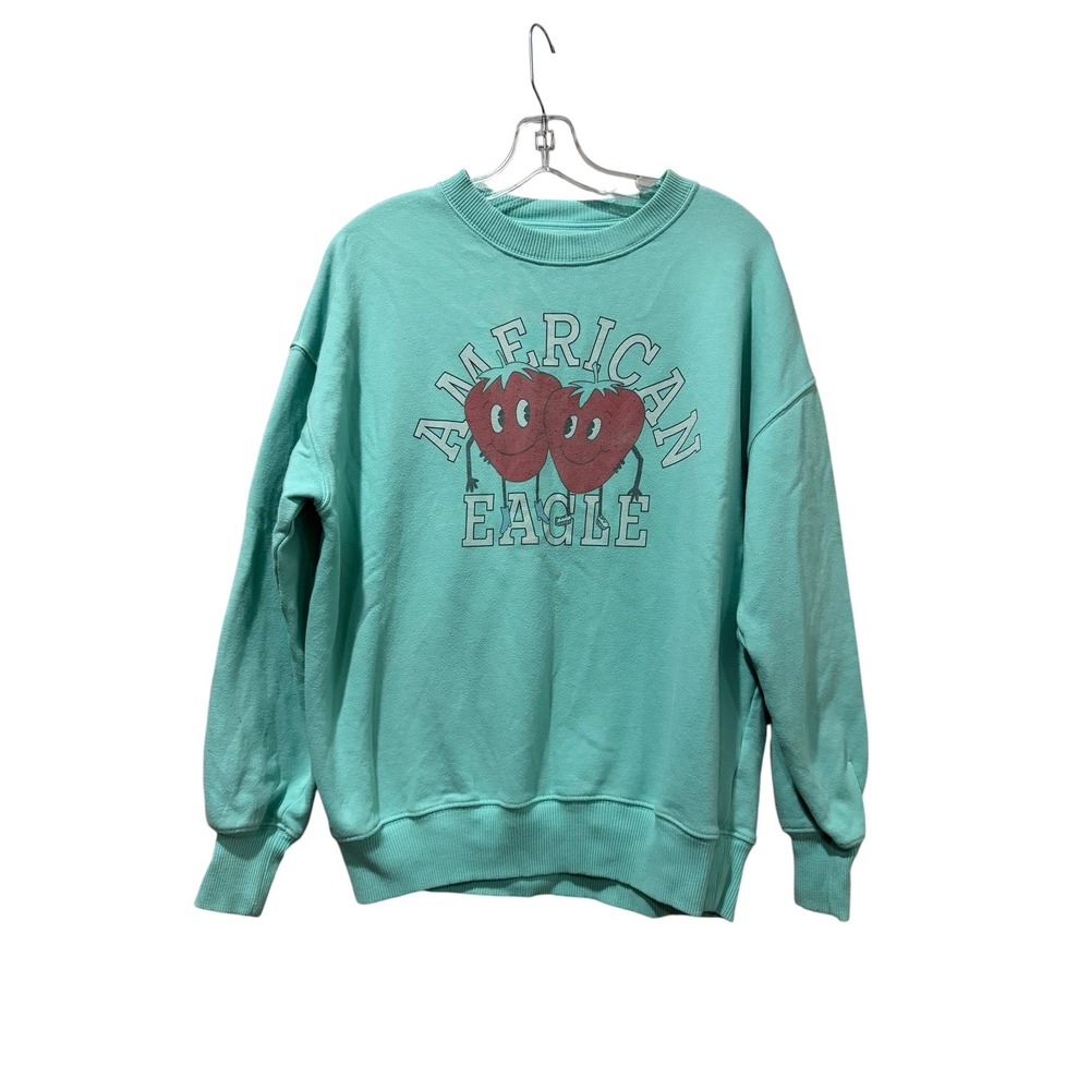 American Eagle XS Strawberry Graphic Sweatshirt Teal Green Crewneck B15